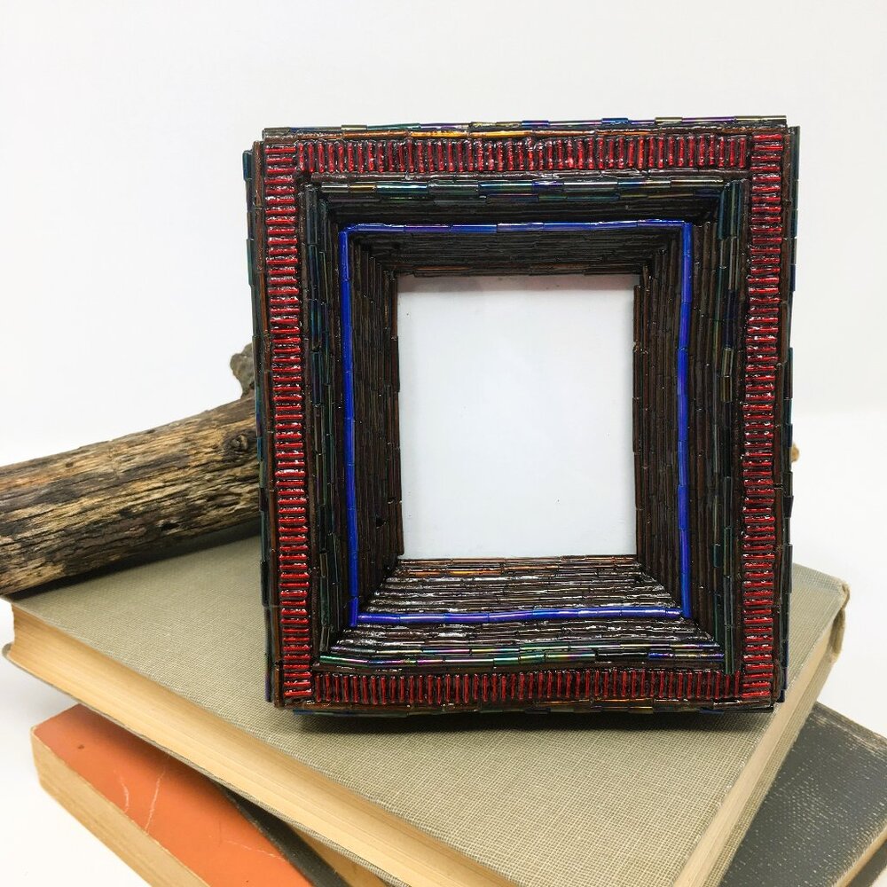 Hand Beaded Red Purple Bronze Bugle Bead Studded Miniature Beveled Wood Frame